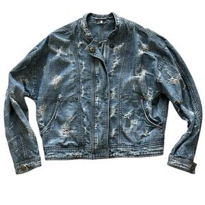 Free People Tattered Distressed Tennis Bomber Jean Jacket Indigo - Women’s Small